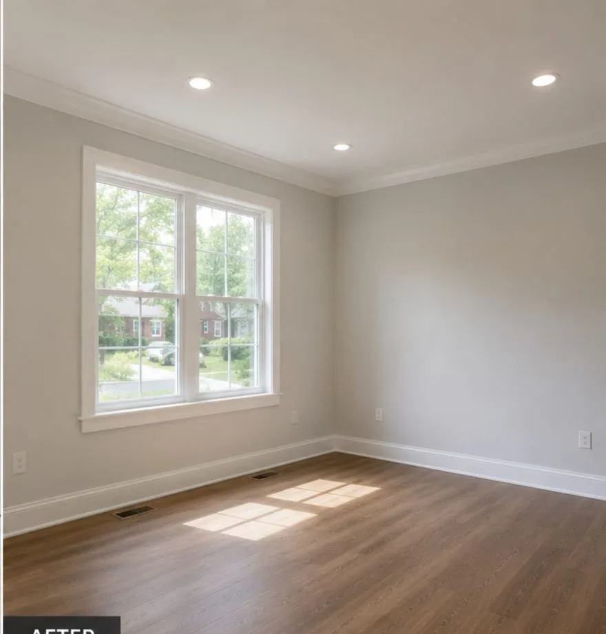 Bedroom with fresh drywall and paint over new hardwood floors