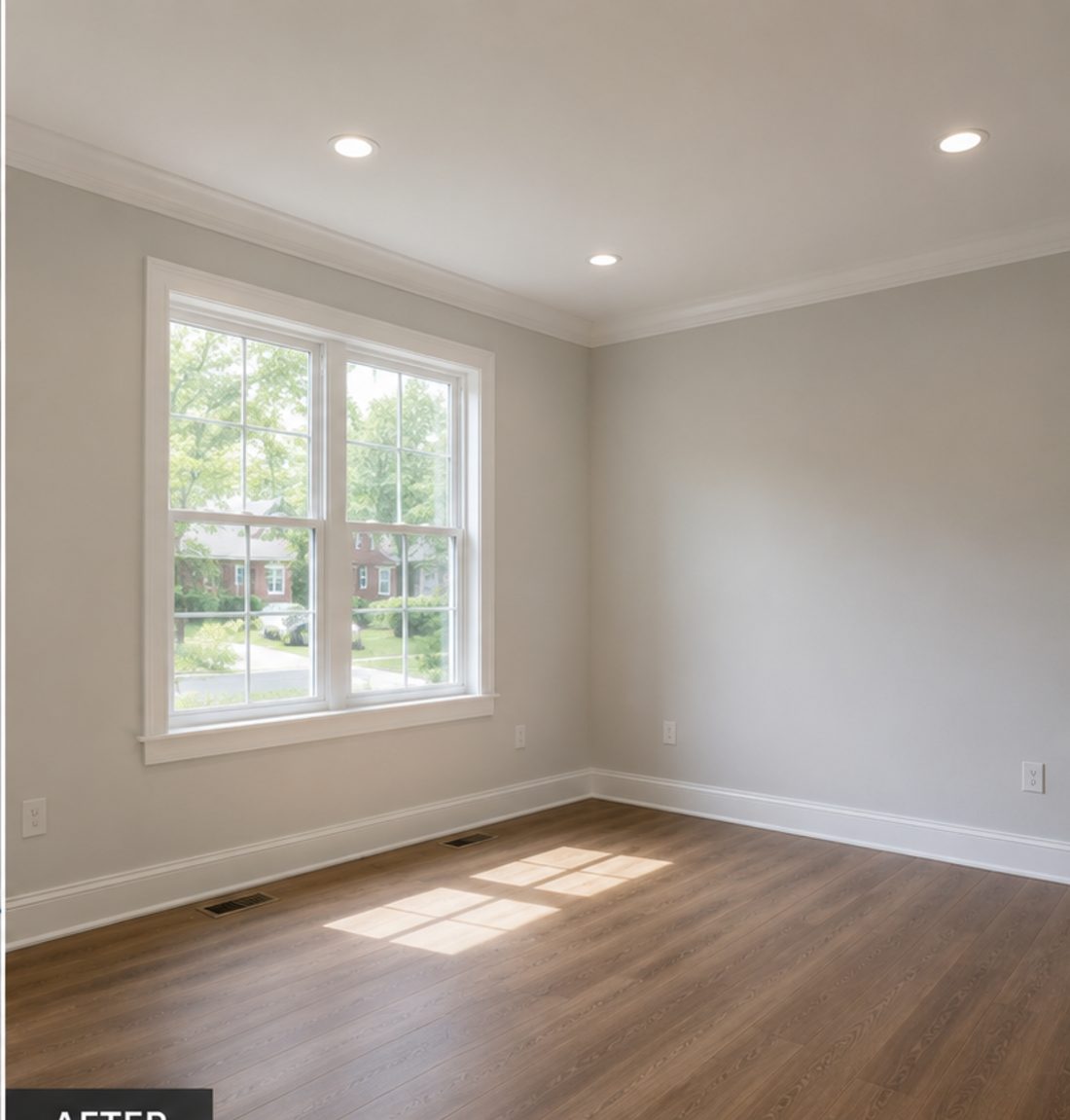 Bedroom with fresh drywall and paint over new hardwood floors