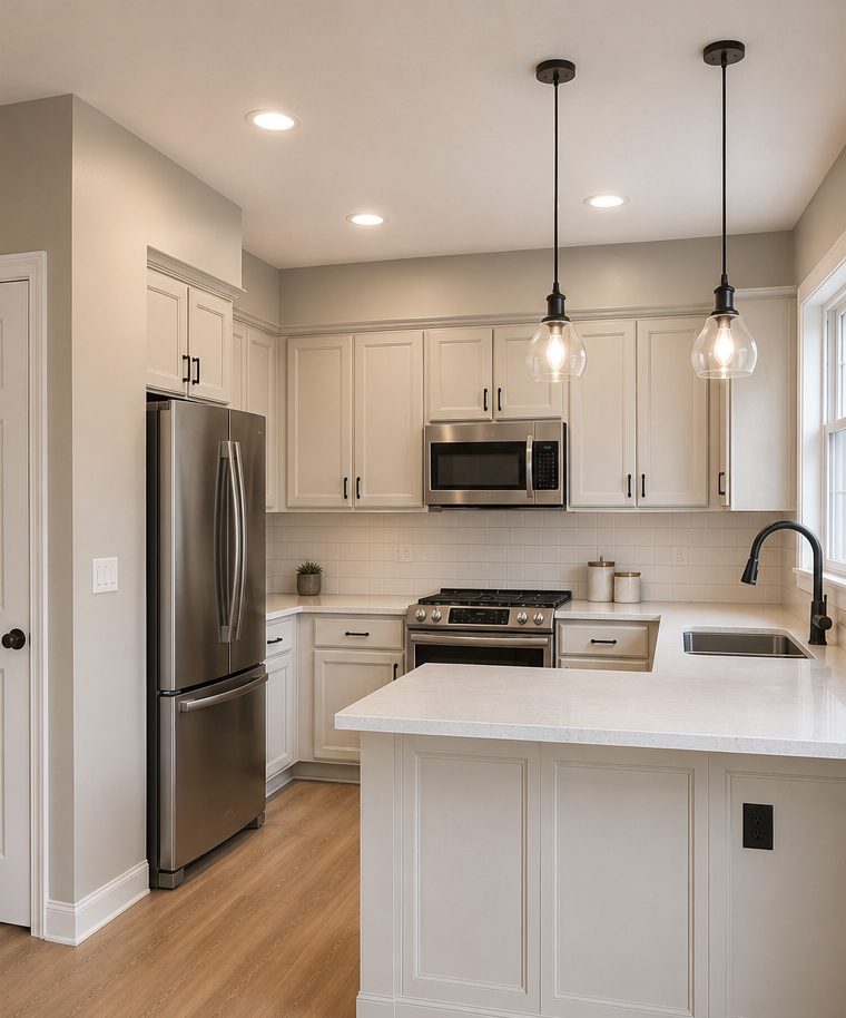 Kitchen cabinets after refinishing — warm cream doors with new island and pendant lighting