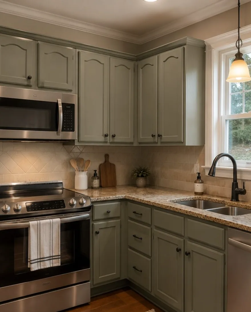 Kitchen cabinets refinished in warm sage green with granite counters