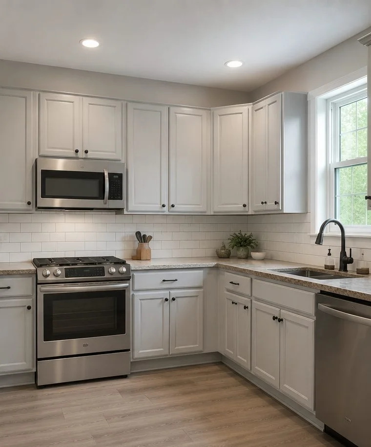 East York kitchen after cabinet refinishing — soft grey-white sprayed cabinets with subway tile backsplash