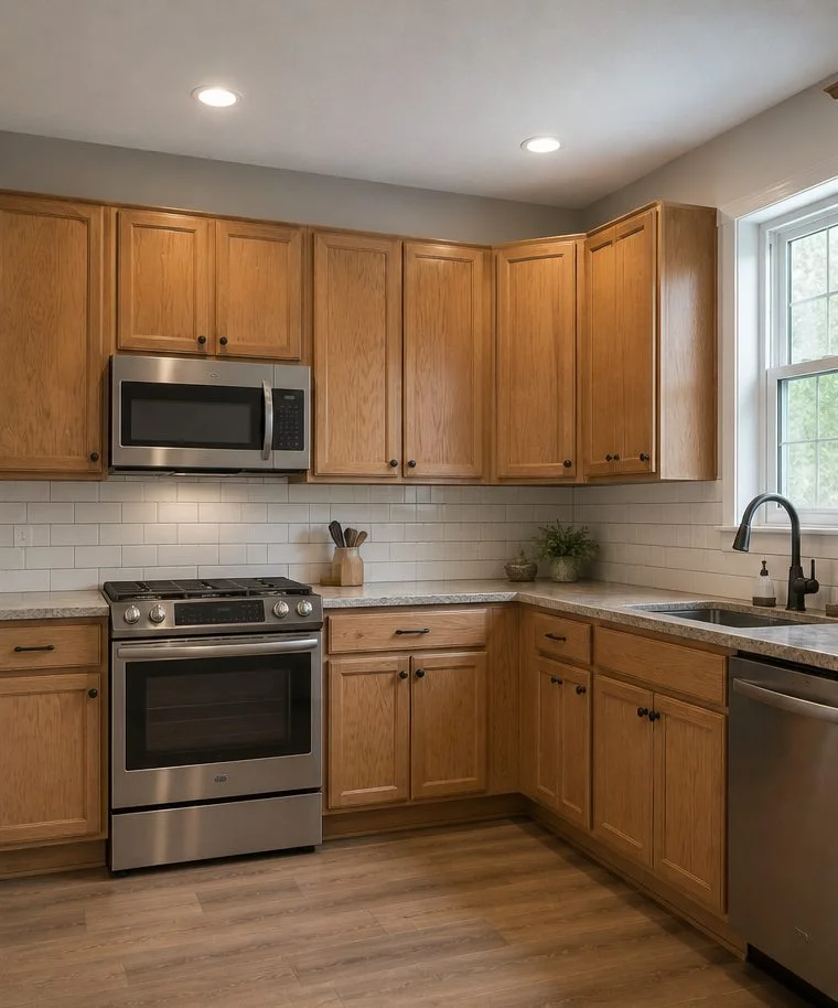 The same kitchen before refinishing — dated golden-oak cabinets