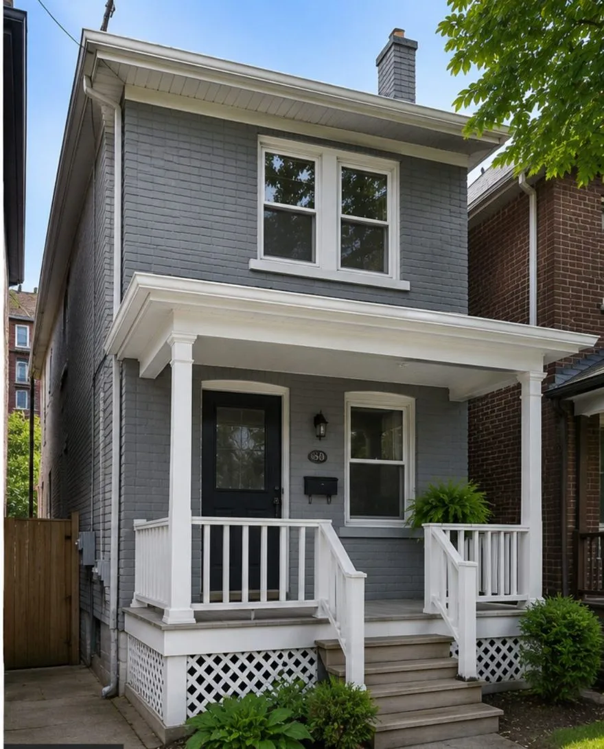Brick semi in Leslieville painted Benjamin Moore Kendall Charcoal with white trim