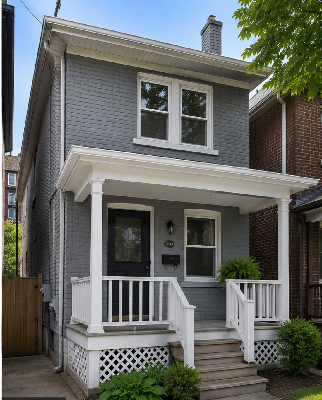 Brick semi in Leslieville painted Benjamin Moore Kendall Charcoal with white trim
