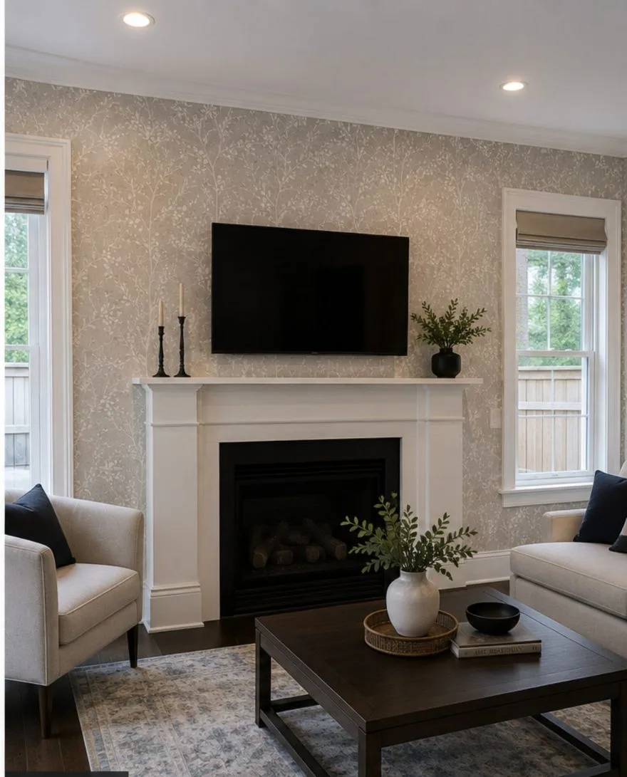 Botanical grasscloth accent wall installed in a Toronto living room