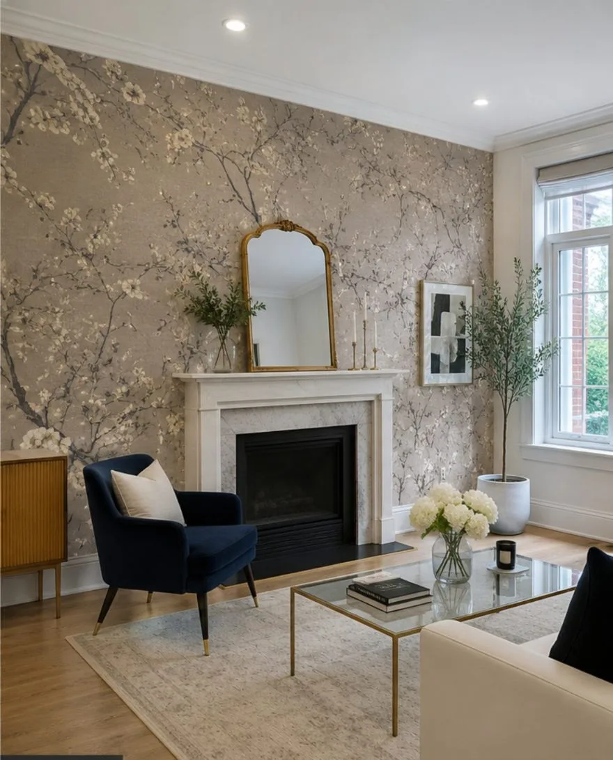 Cherry blossom mural wallpaper feature wall installed in a Toronto living room